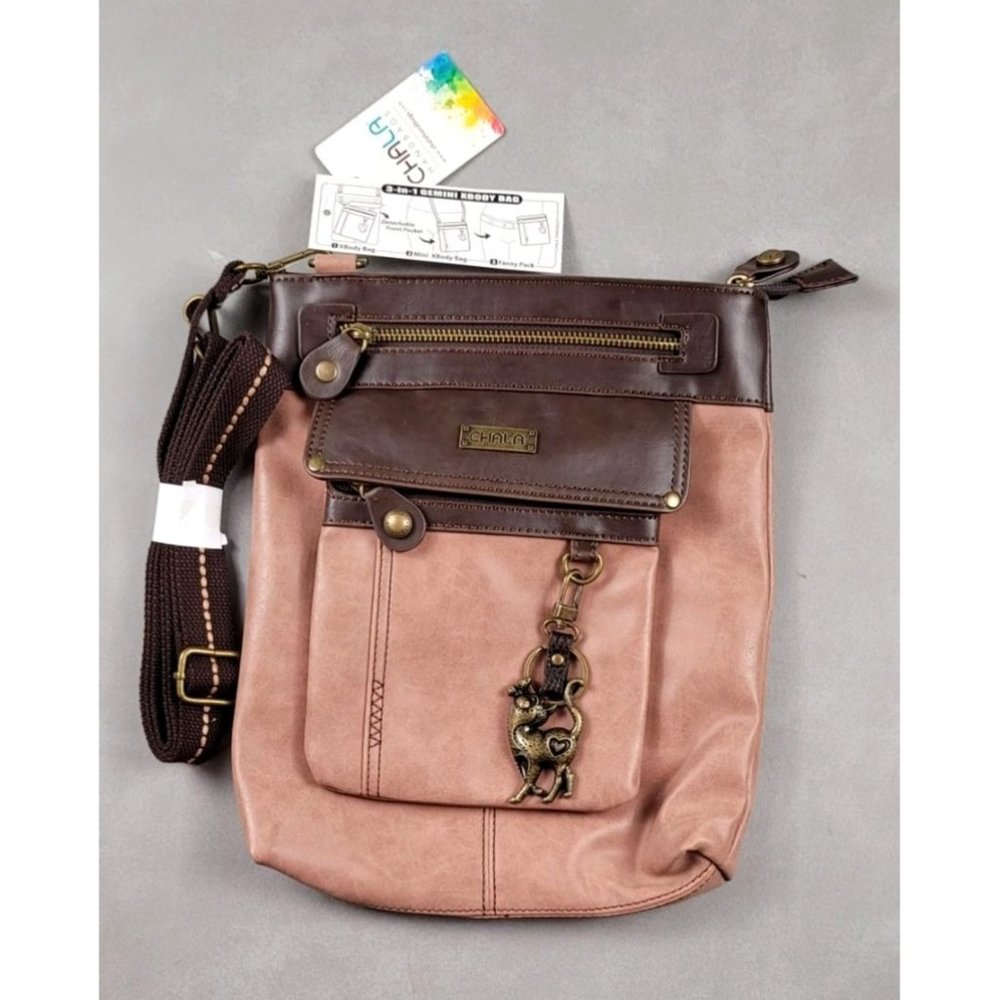 Chala NWT Dusty Rose Gemini 3-in-1 XBody Bag with Cat Design Keychain .. JH1168